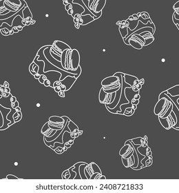 Vector illustration. Contour seamless pattern. Cakes, macaroons in sketch style. Hand drawn food elements. Desserts and sweets festive pattern for textiles, wallpaper, packaging, wrapping paper.