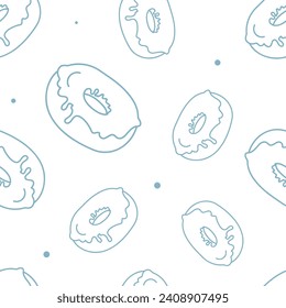 Vector illustration. Contour seamless pattern. Donuts in sketch style. Hand drawn food elements. Desserts and sweets festive pattern for textiles, wallpaper, packaging, wrapping paper.