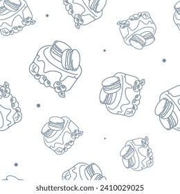 Vector illustration. Contour seamless pattern. Cakes, macaroons in sketch style. Hand drawn food elements. Desserts and sweets festive pattern for textiles, wallpaper, packaging, wrapping paper.
