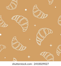 Vector illustration. Contour seamless pattern with cute croissant sketch style. Hand drawn food elements. Desserts and sweets festive pattern for textiles, wallpaper, packaging, wrapping paper.