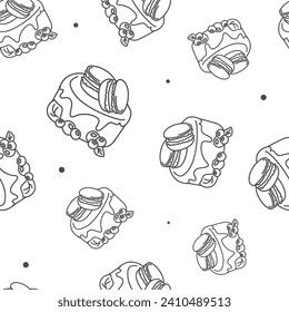 Vector illustration. Contour seamless pattern. Cakes, macaroons in sketch style. Hand drawn food elements. Desserts and sweets festive pattern for textiles, wallpaper, packaging, wrapping paper.
