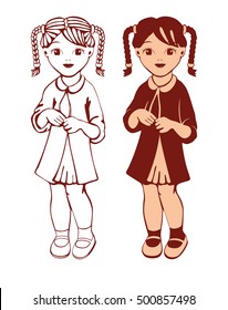 Vector Illustration. Contour and silhouette of little shy girl. 