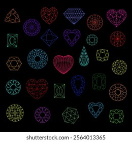 Vector illustration with contours of different cuts of gemstones on black background. Geometric shapes, bright colors and stylish minimalism are perfect for jewelry design and decoration.