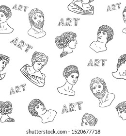 Vector illustration with the contours of Greek statues. Busts of ancient gods and generals on a light background. The pattern is suitable for textiles and wallpapers.