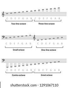 Vector illustration of contra, great, small, one-line, two-line, three-line octave. Monochrome scheme for musical theory theme on white background.