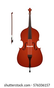 Vector illustration of contrabass with bow on white background. Elements for design for musical theme for pattern, banner, card, poster. Black, white, brown, red colors.