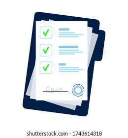 Vector illustration of contract documents folder with stamp and text with signature
