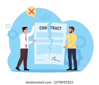 Vector illustration of contract termination. Cartoon scene with two men holding halves of a torn agreement with a signature isolated on a white background. Business concept.