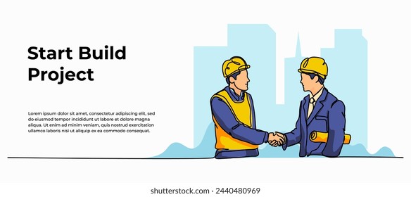 Vector illustration of the contractor shakes hands. Modern flat in continuous line style.
