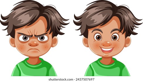 Vector illustration of contrasting emotions on boy's face