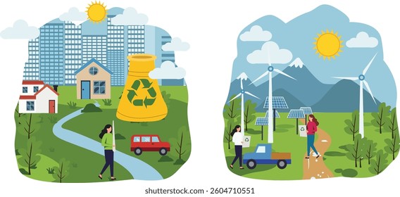 Vector illustration contrasting urban and rural landscapes with a focus on renewable energy and environmental consciousness.  