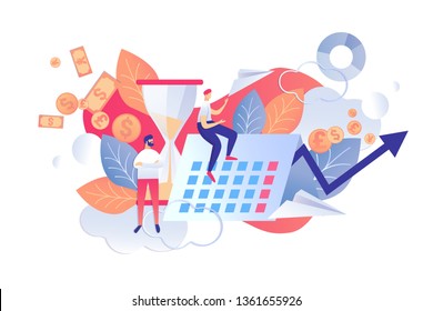 Vector Illustration Control Time and Plans Flat. Checking Plans and Priorities Day in Terms their Implementation. Men on Background Dated Calendar and Hourglass. Consideration Goals.