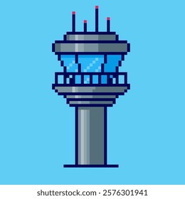 Vector Illustration of Control Tower with Pixel Art Design, perfect for game assets themed designs