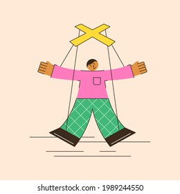 Vector illustration of the controlling function of management. Controlled employee as a puppet on ropes controlled by the boss, an abstract scene of total control in a minimalistic flat style