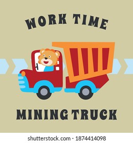 Vector illustration of contruction vehicle with cute litle animal driver. Can be used for t-shirt print, kids wear fashion design, invitation card. fabric, textile, nursery wallpaper and poster.