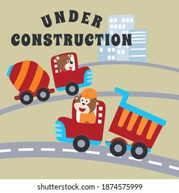 Vector illustration of contruction vehicle with cute litle monkey and bear driver. Can be used for t-shirt print, kids wear fashion design, invitation card. fabric, textile and nursery wallpaper.