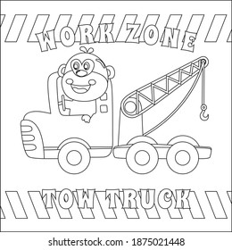 Ilustración vectorial del vehículo de construcción con un lindo conductor animal. Vector creativo Diseño infantil para niños actividad libro de colorear o página.