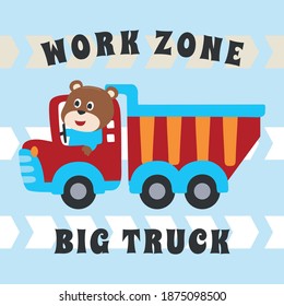 Vector illustration of contruction vehicle with cute litle animal driver. Can be used for t-shirt print, kids wear fashion design, invitation card. fabric, textile, nursery wallpaper and poster.