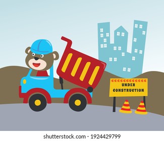 Vector illustration of contruction vehicle with cute litle animal driver. Can be used for t-shirt print, kids wear fashion design, invitation card. fabric, textile, nursery wallpaper and poster.