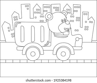 Vector illustration of contruction vehicle with cute litle animal driver. Cartoon isolated vector illustration, Creative vector Childish design for kids activity colouring book or page.