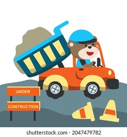 Vector illustration of contruction vehicle with cute litle animal driver. Can be used for t-shirt print, kids wear fashion design, invitation card. fabric, textile, nursery wallpaper and poster.