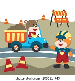 Vector illustration of contruction vehicle with cute litle animal driver. Can be used for t-shirt print, kids wear fashion design, invitation card. fabric, textile, nursery wallpaper and poster.