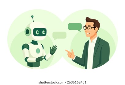 Vector illustration of a conversation between an AI robot and a professional expert. Concept of artificial intelligence collaboration, human-AI communication, modern technology, and digital assistance