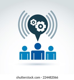 Vector illustration of conversation on enterprise system theme, strategy concept. Podcast symbol. Cog-wheels and gears placed in a speech bubble Ã?Â¢?? chat on business process and management. 