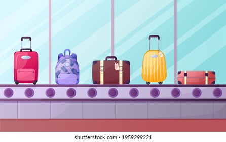 Vector illustration of conveyor belt at the airport. Cartoon style baggad tape. Airport interior
