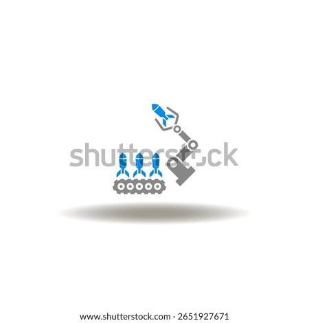 Vector illustration of conveyor with bombs and robotic arm. Symbol of bomb and rocket production automation coveyor belt. Icon of weapons manufacturing.