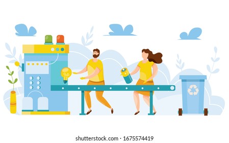 Vector illustration. Conveyor. Cute people sorting rubbish in trash bin. People sorting each type of garbage into the trash Environmental protection. Ecology concept. Waste separation. Recycle thrash.