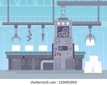 Vector illustration of conveyor in manufacturing warehouse. Factory industrial concept. Conveyor production and packing a packages on belt line in flat cartoon style.