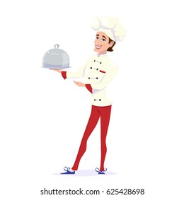 Vector illustration of cook chef carrying dinner plate meal and pointing to that isolated on white background in cartoon flat style