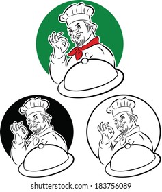 vector illustration of cook chef holding serving platter and doing excellent sign