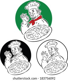 vector illustration of cook chef holding pizza and doing excellent sign