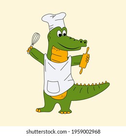 vector illustration of a cook crocodile in a chefs cap and apron mascot hold in hands rolling pin and whisk, kind alligator