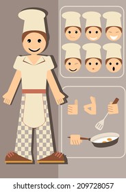 Vector illustration of a cook with different emotions and hand gestures to choose.