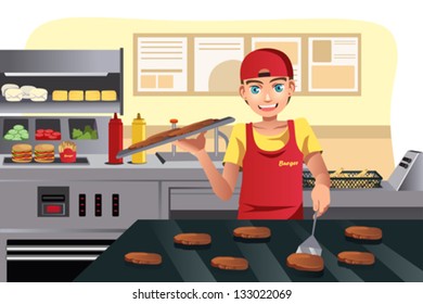 A Vector Illustration Of A Cook Flipping Burgers At A Fast Food Restaurant Kitchen