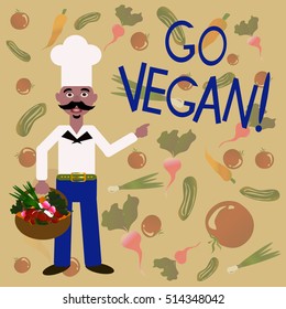 Vector illustration of a cook with "Go vegan" slogan
