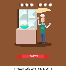 Vector illustration of cook male making pizza dough. Baker concept flat style design element.