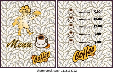 Vector illustration of a cook menu of a restaurant or bar. The cook carries a hot meal, a logo. Hot coffee or tea.