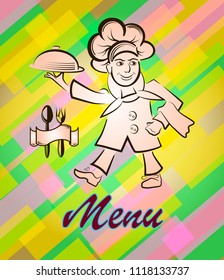 Vector illustration of a cook menu of a restaurant or bar. The cook carries a hot meal, logo.