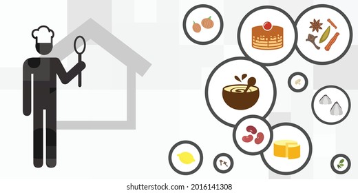 vector illustration of cook and products for preparing food in home process