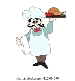 Vector illustration of the cook with a tray of food. Funny French Chef in odezhede for advertising, menu