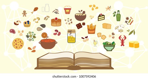 vector illustration of cookbook for cooking recipes with dish ingredients and other menu options
