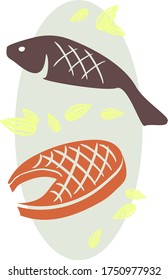 Vector illustration of cooked fish and salmon fish steak. Vintage style. Poster, postcard.