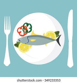 Vector illustration cooked tuna fish with raw vegetables lemon and red, green pepper. Fish on plate with fork and knife