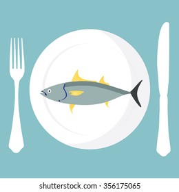 Vector illustration cooked tuna fish on plate with fork and knife on blue background