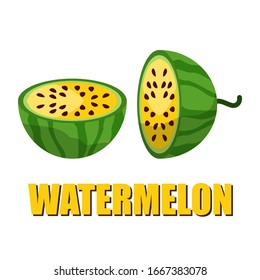 Vector illustration of a cooked yellow watermelon logo, cut in half with yellow meat. Watermelon pattern from natural sweet foods.