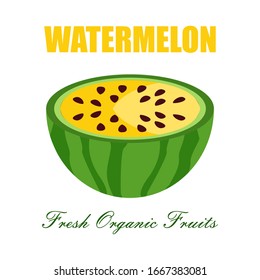 Vector illustration of a cooked yellow watermelon logo, cut in half with yellow meat. Watermelon pattern from natural sweet foods.